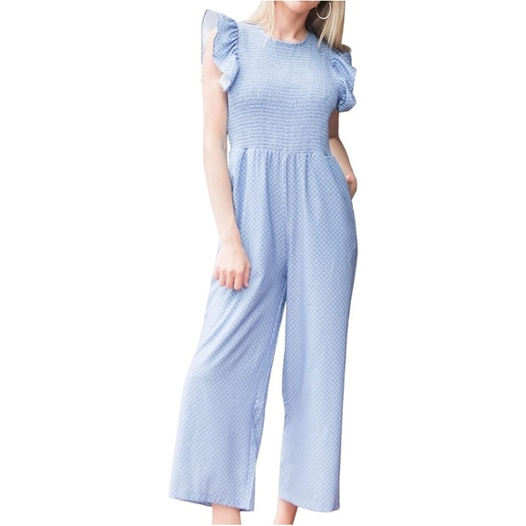 michelle McDowell Pants - Michelle McDowell Zoe, Poly Blend Smocked Upper Jumpsuit, EUC, Size Medium